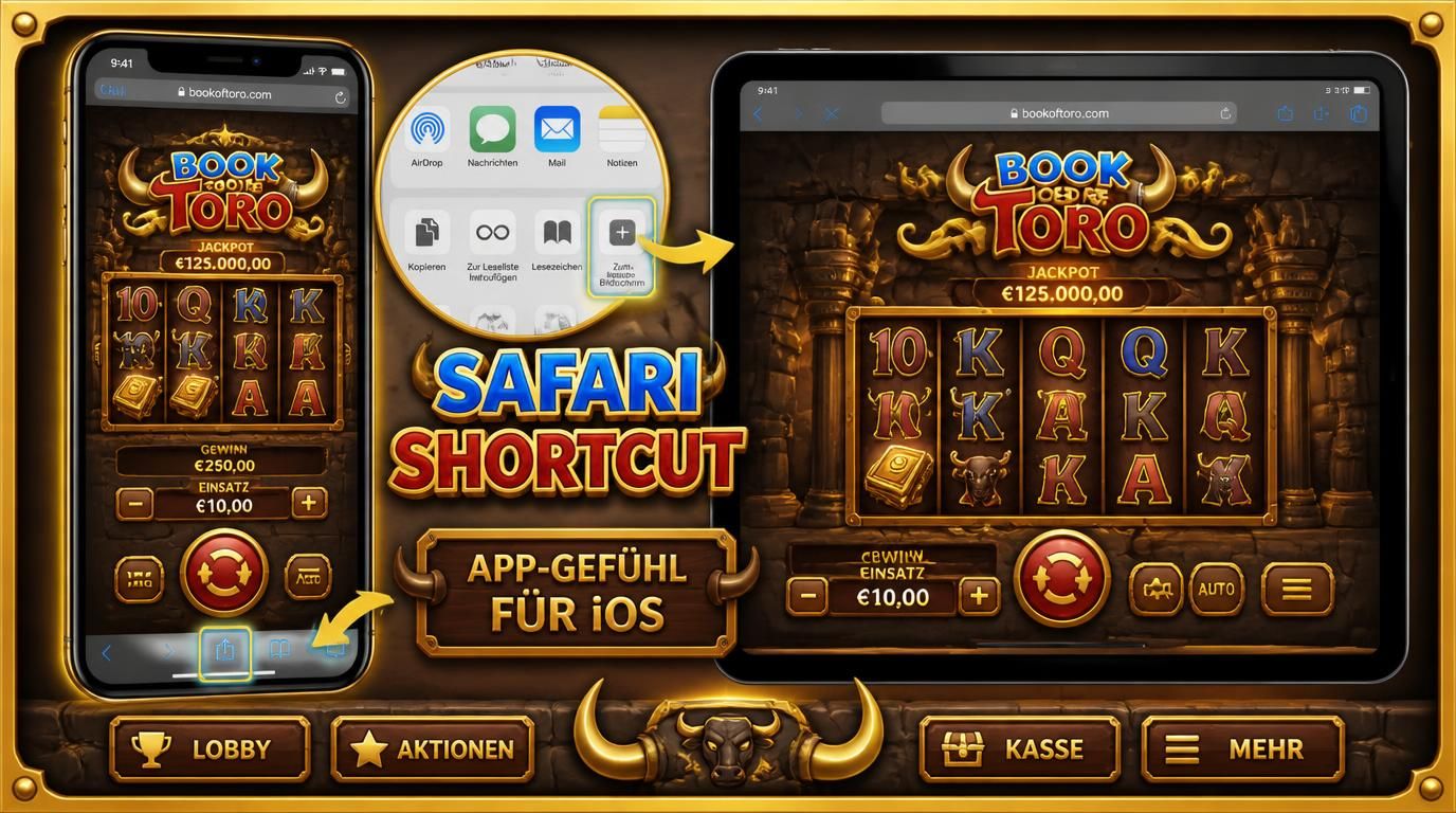 iPhone und iPad zeigen Book of Toro im Browser &, Home-Screen Shortcut